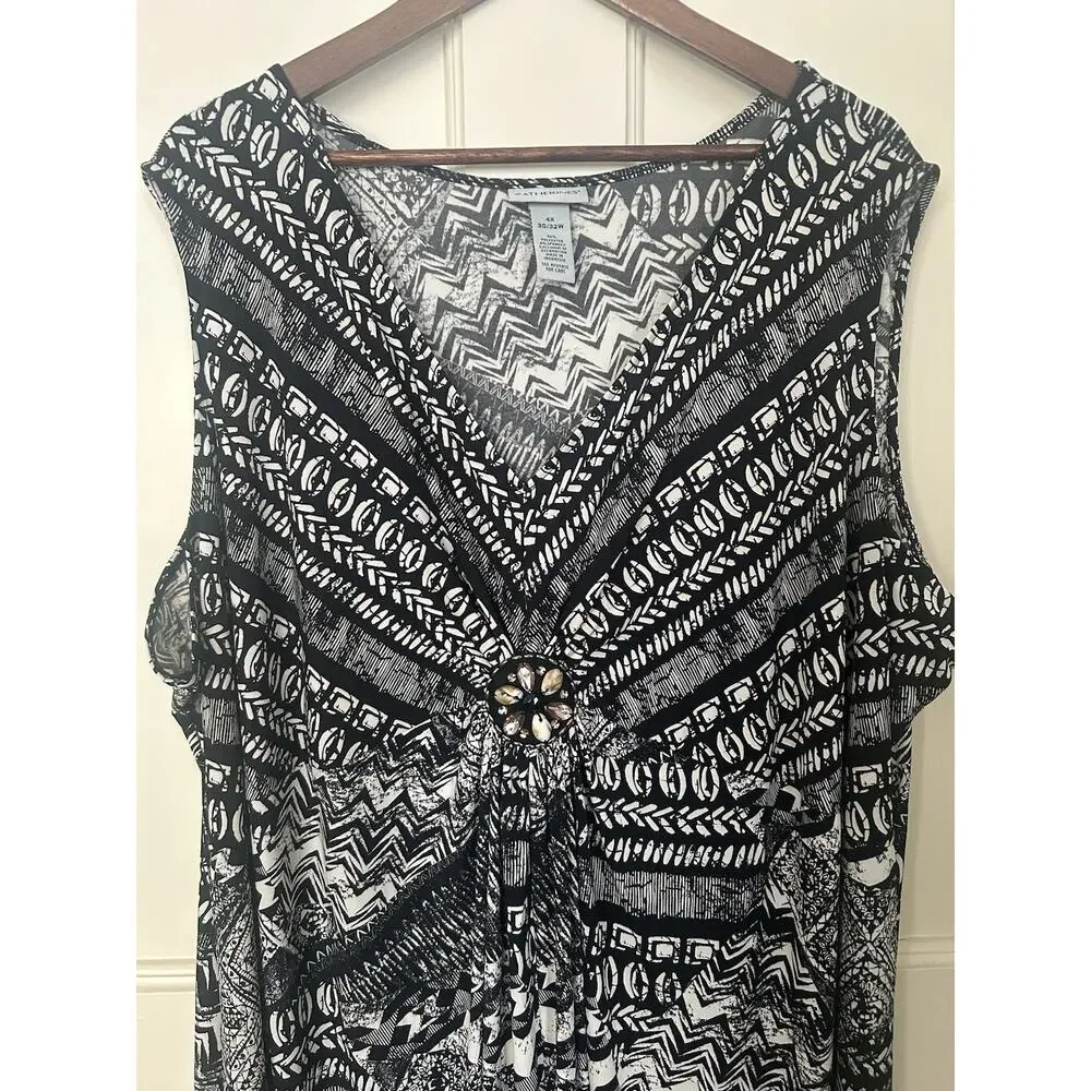 Catherines Geometric Beaded Shift Dress Womens Size 4X Black Ivory Classic